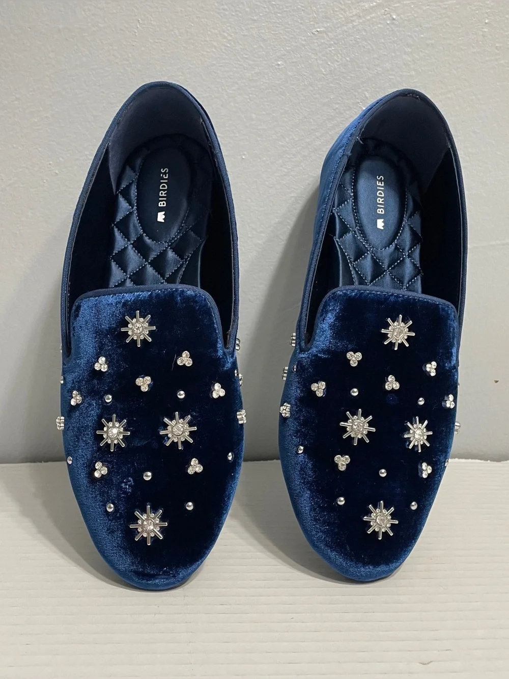 BIRDIES The Starling Velvet Crystal Jewel Loafer Royal Blue Ballet Flat Size 8